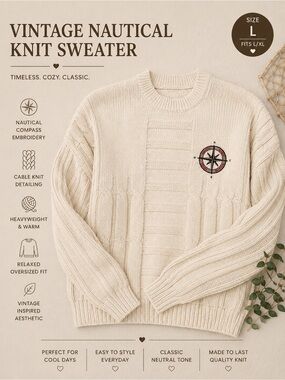 Vintage Nautical Cable Knit Sweater - Compass Embroidery | Size L